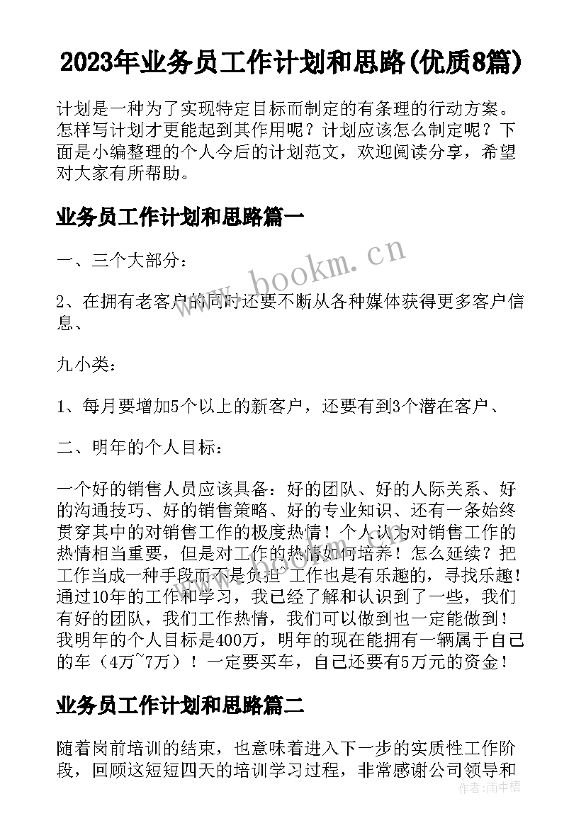 2023年业务员工作计划和思路(优质8篇)