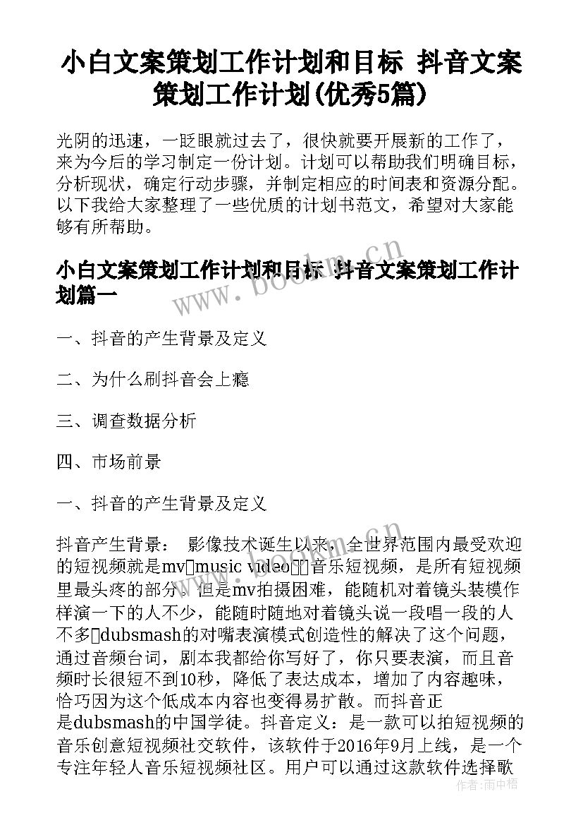 小白文案策划工作计划和目标 抖音文案策划工作计划(优秀5篇)