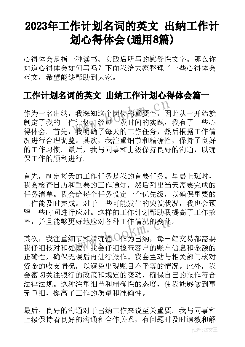 2023年工作计划名词的英文 出纳工作计划心得体会(通用8篇)