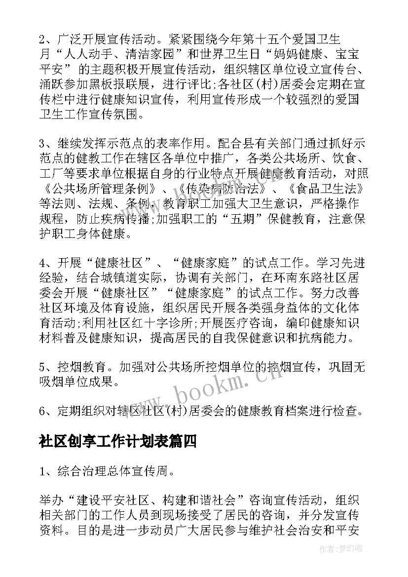 最新社区创享工作计划表(精选6篇)