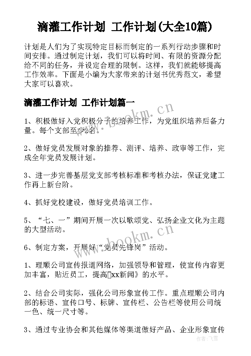 滴灌工作计划 工作计划(大全10篇)