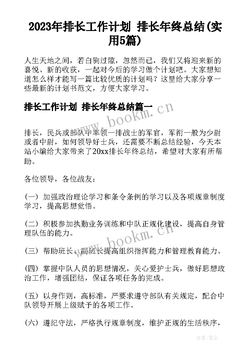 2023年排长工作计划 排长年终总结(实用5篇)