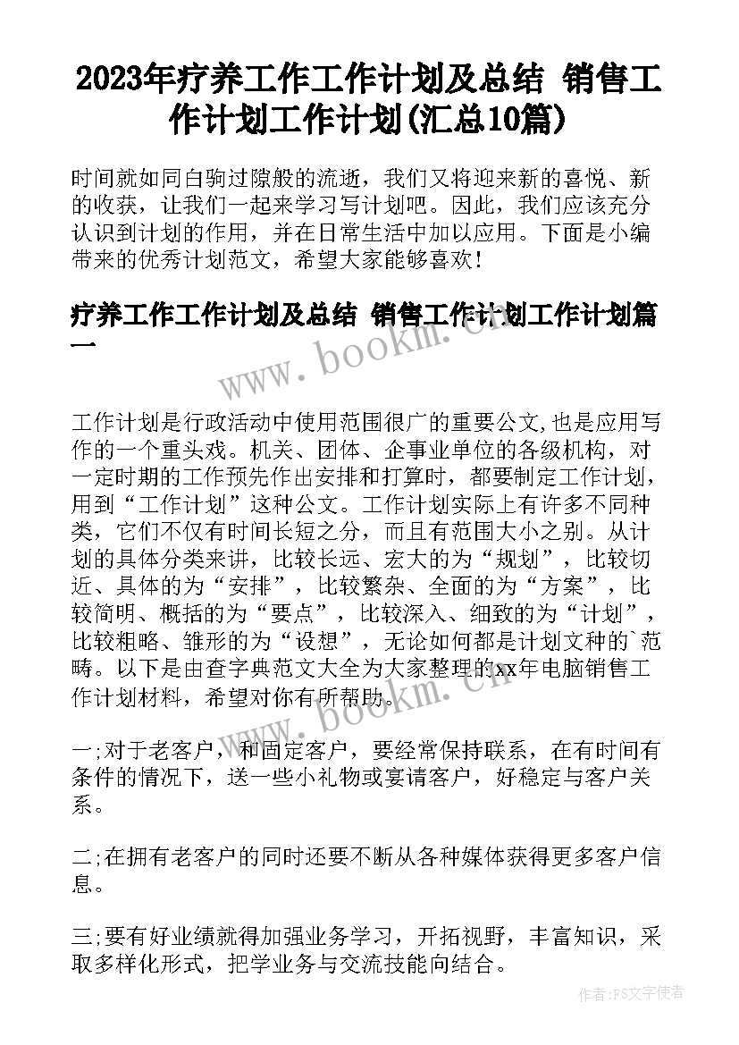 2023年疗养工作工作计划及总结 销售工作计划工作计划(汇总10篇)