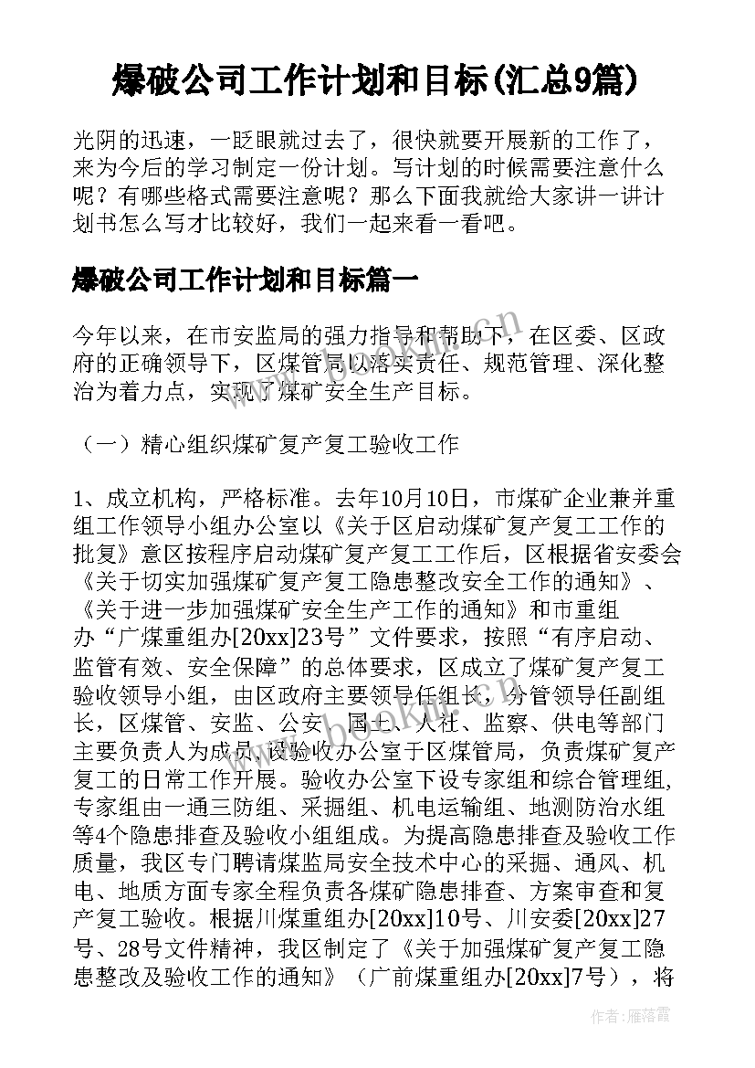 爆破公司工作计划和目标(汇总9篇)