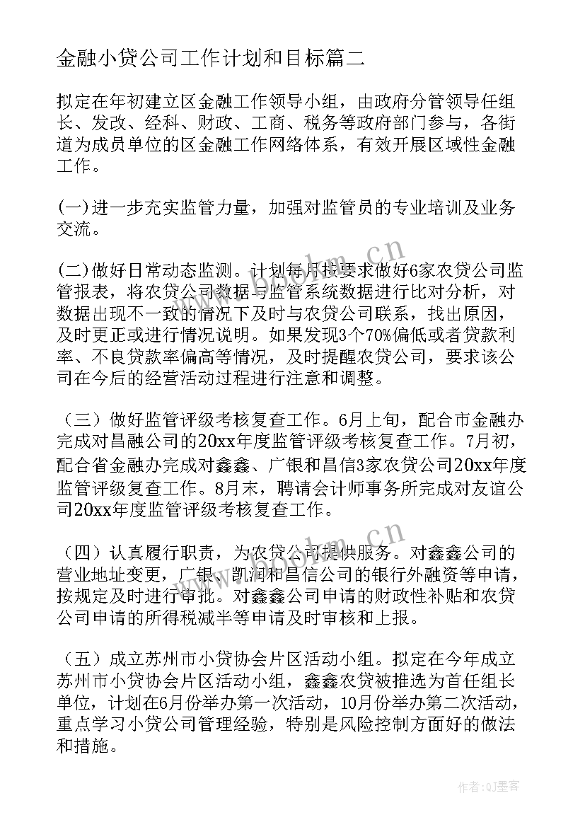 最新金融小贷公司工作计划和目标(大全5篇)