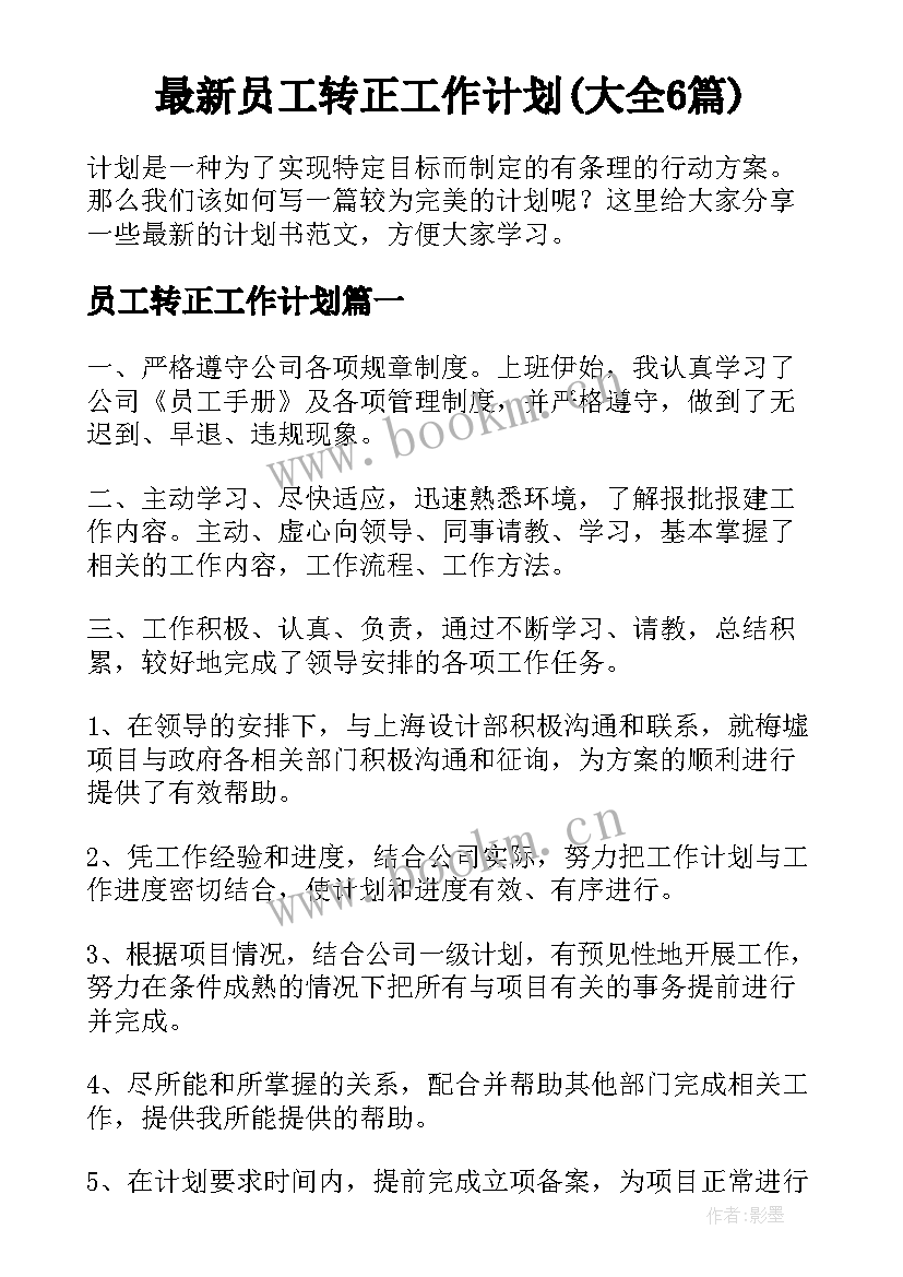 最新员工转正工作计划(大全6篇)