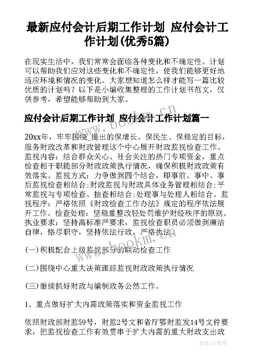 最新应付会计后期工作计划 应付会计工作计划(优秀5篇)