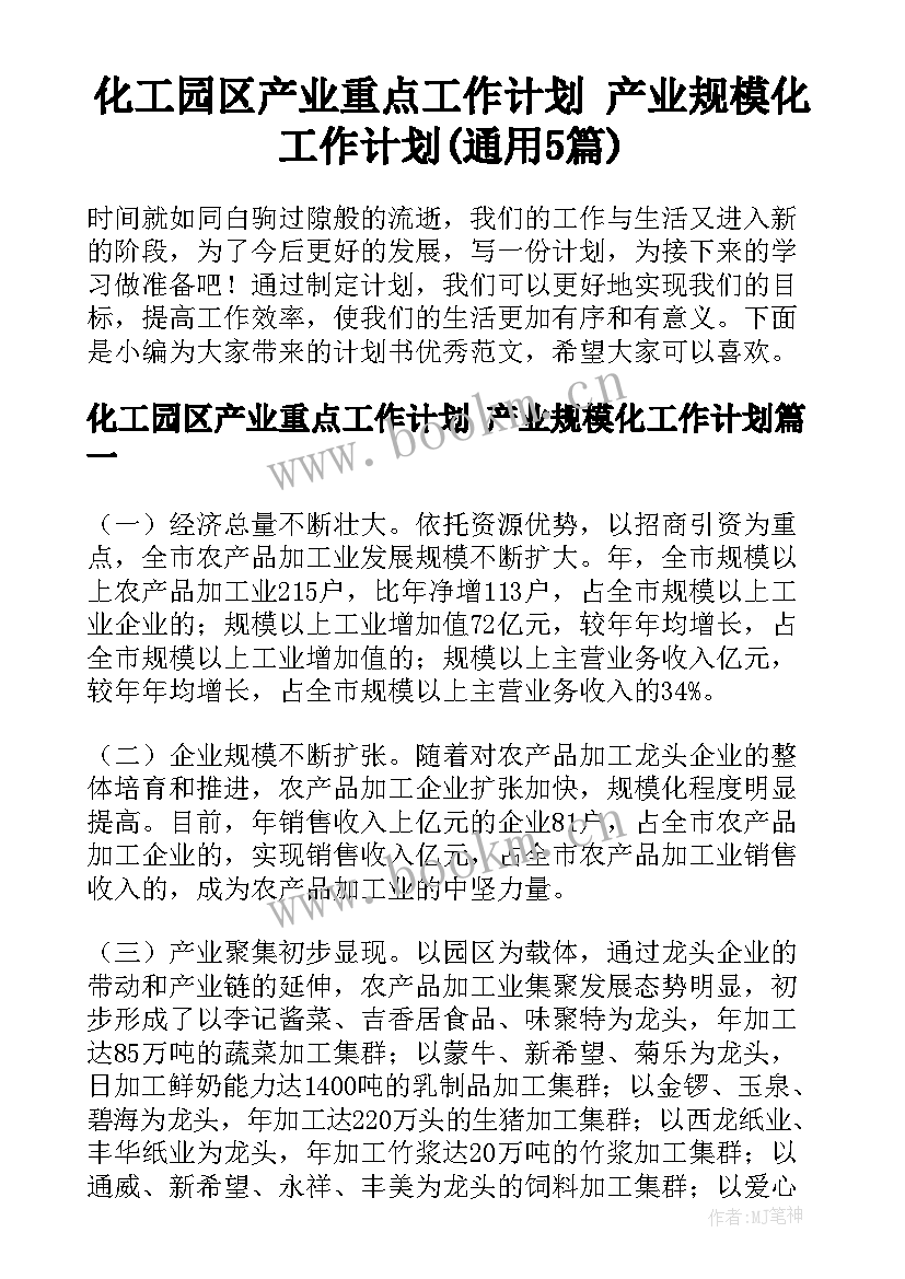 化工园区产业重点工作计划 产业规模化工作计划(通用5篇)