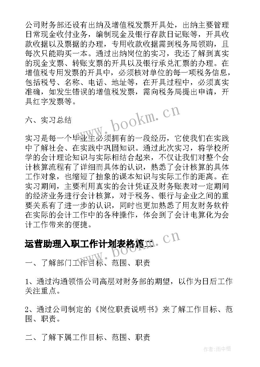 运营助理入职工作计划表格(优秀5篇)