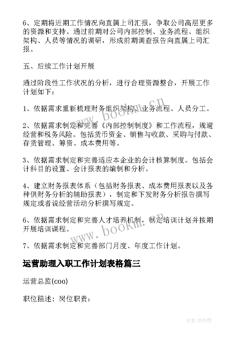 运营助理入职工作计划表格(优秀5篇)