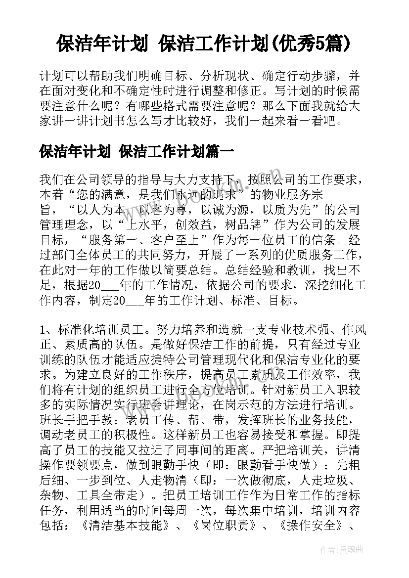 保洁年计划 保洁工作计划(优秀5篇)