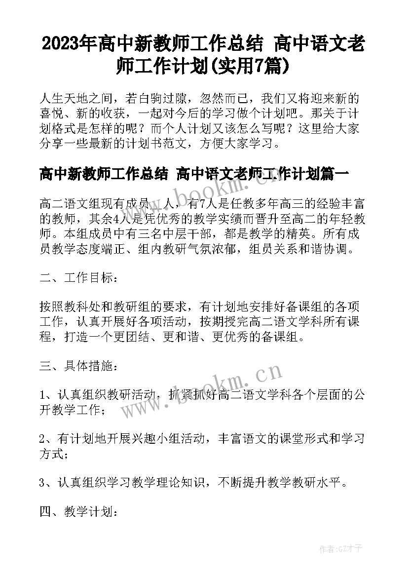 2023年高中新教师工作总结 高中语文老师工作计划(实用7篇)