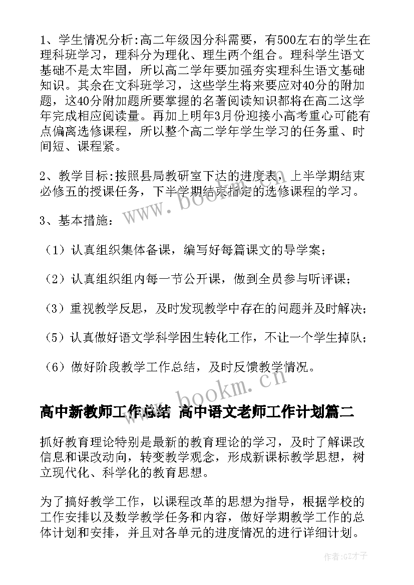 2023年高中新教师工作总结 高中语文老师工作计划(实用7篇)