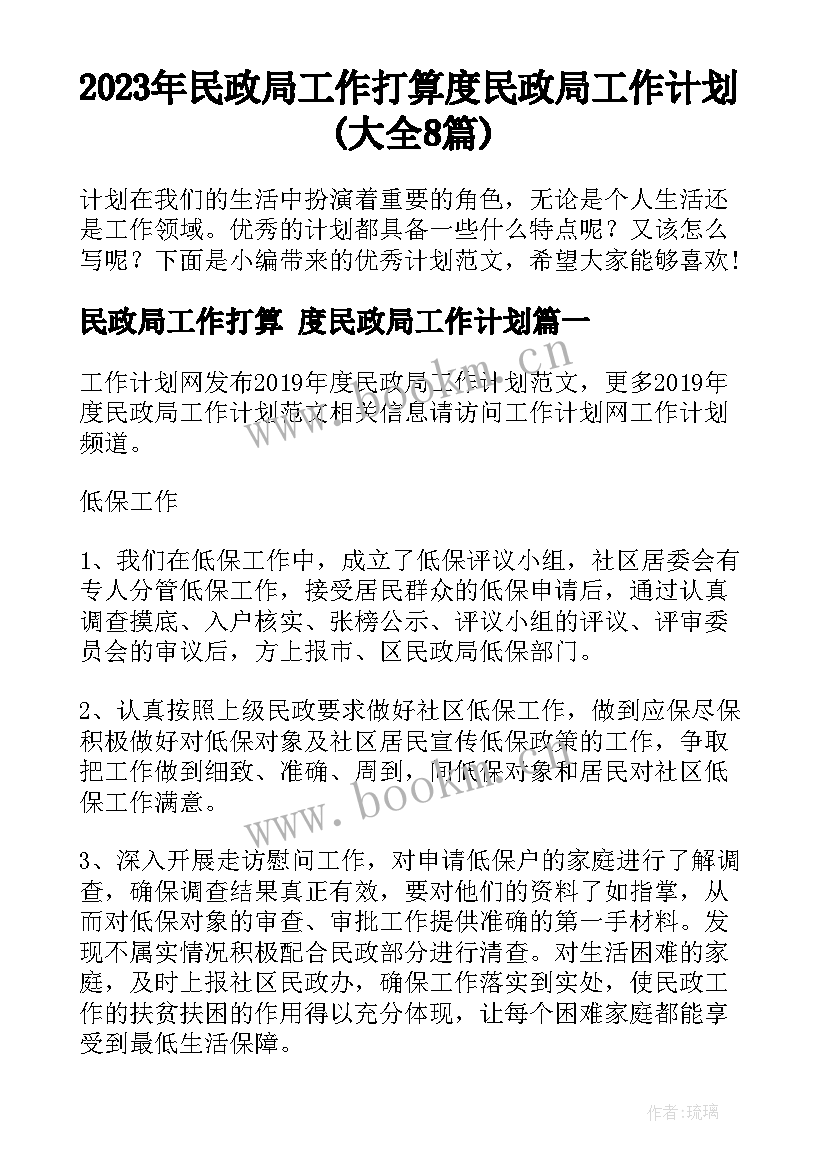 2023年民政局工作打算 度民政局工作计划(大全8篇)