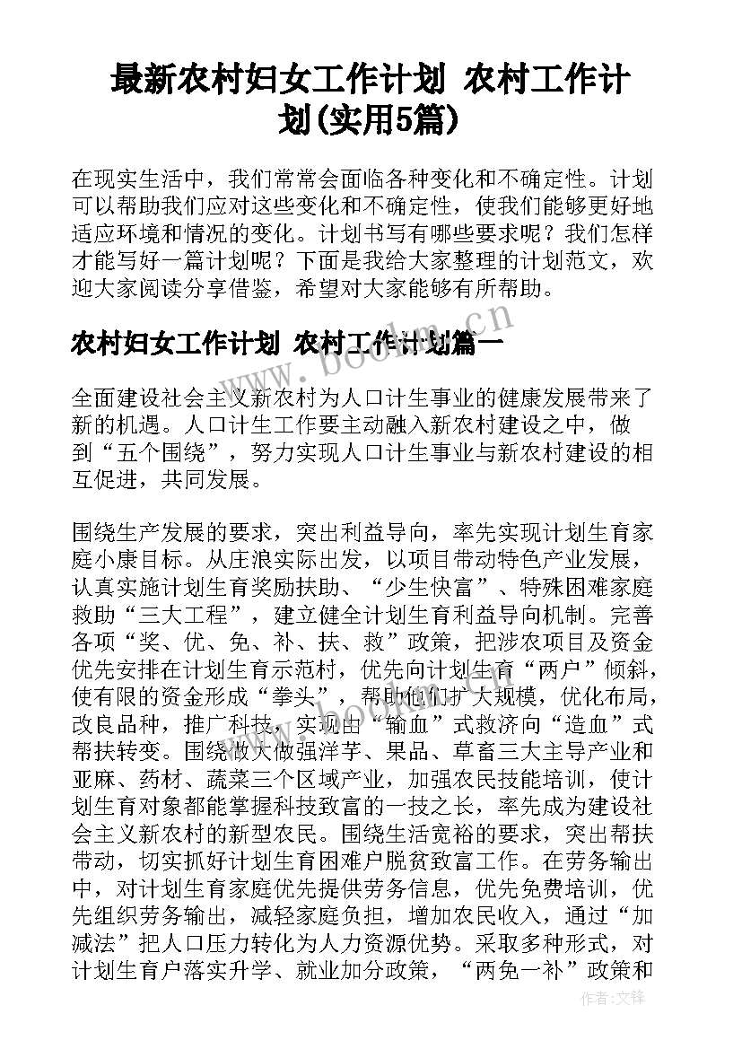 最新农村妇女工作计划 农村工作计划(实用5篇)