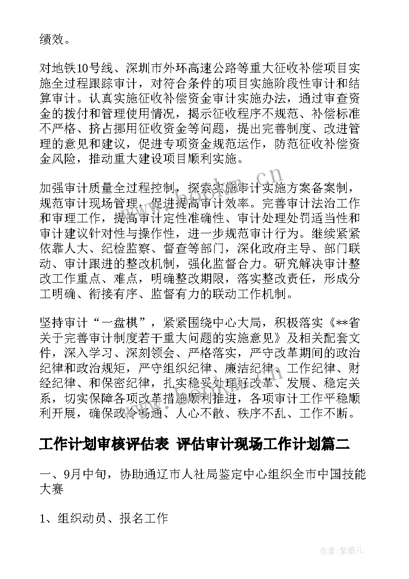 最新工作计划审核评估表 评估审计现场工作计划(模板9篇)