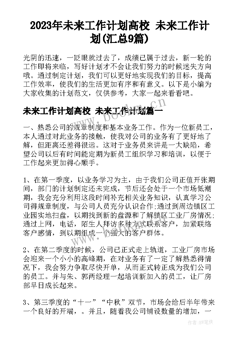 2023年未来工作计划高校 未来工作计划(汇总9篇)