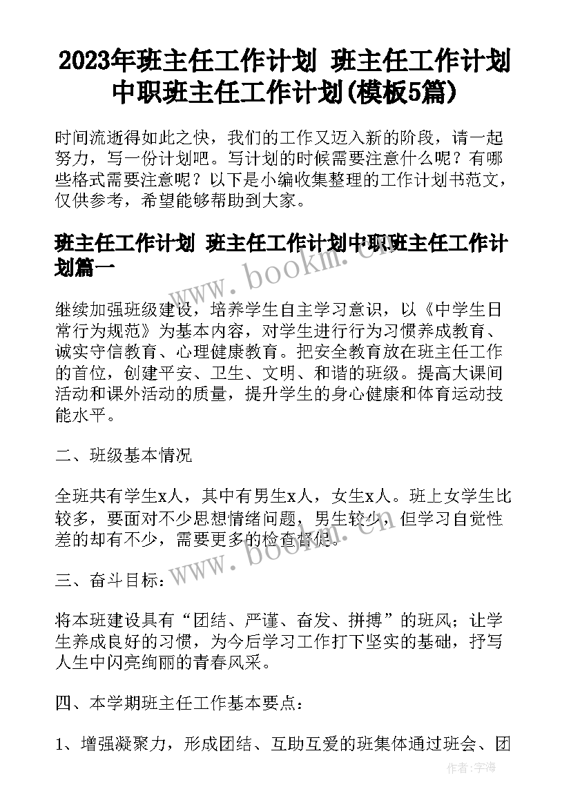 2023年班主任工作计划 班主任工作计划中职班主任工作计划(模板5篇)