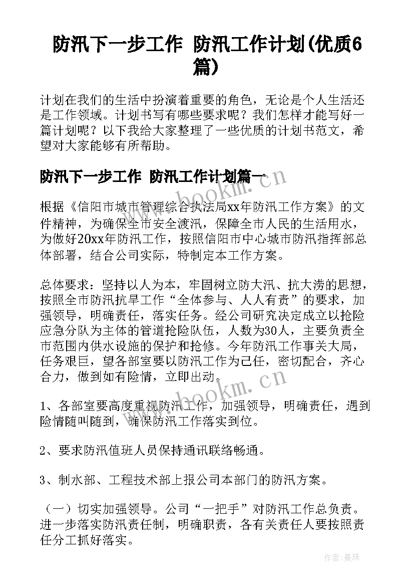 防汛下一步工作 防汛工作计划(优质6篇)