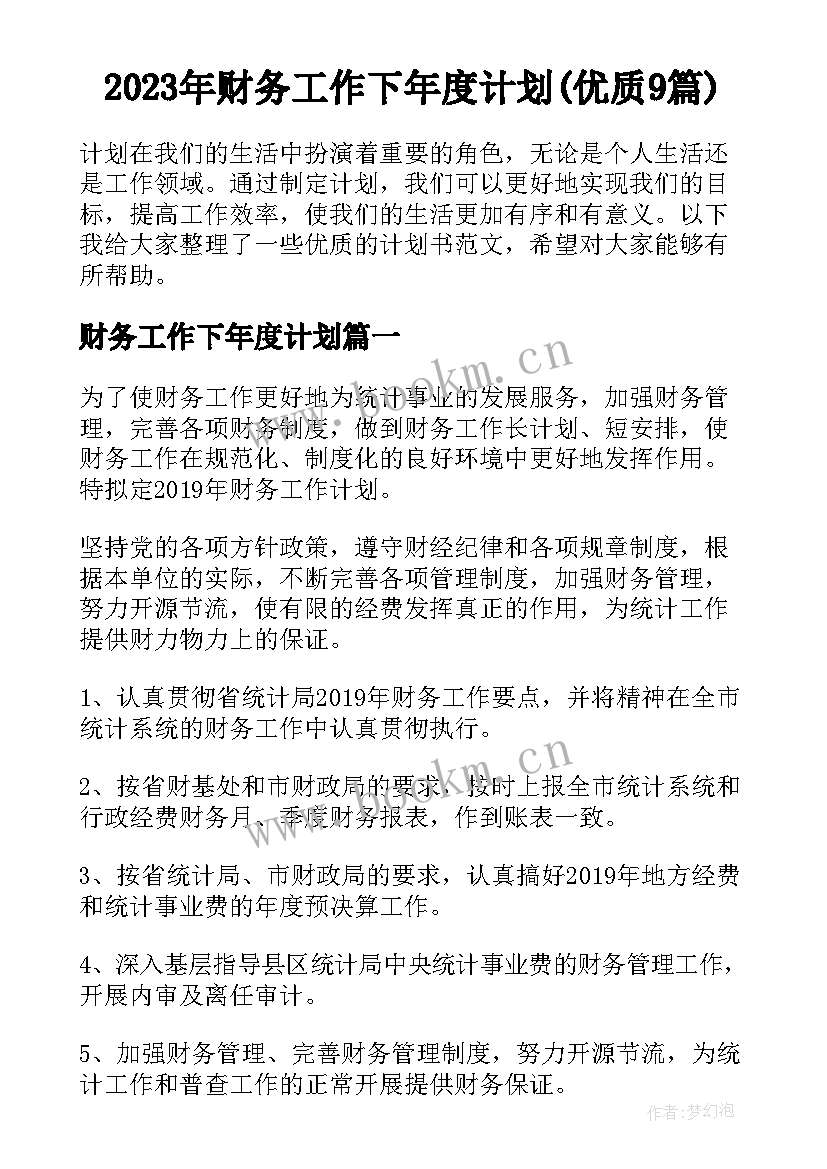 2023年财务工作下年度计划(优质9篇)