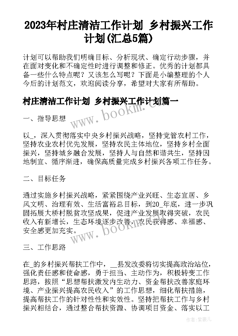 2023年村庄清洁工作计划 乡村振兴工作计划(汇总5篇)