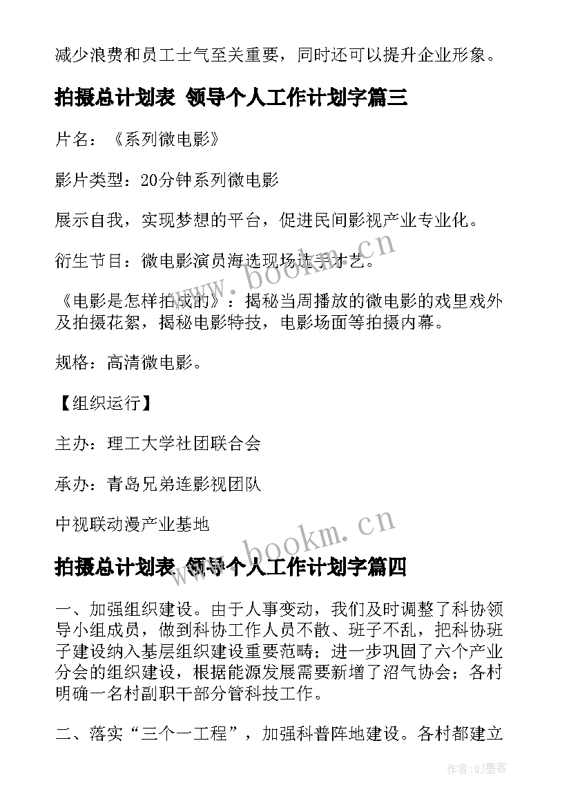 2023年拍摄总计划表 领导个人工作计划字(优质6篇)