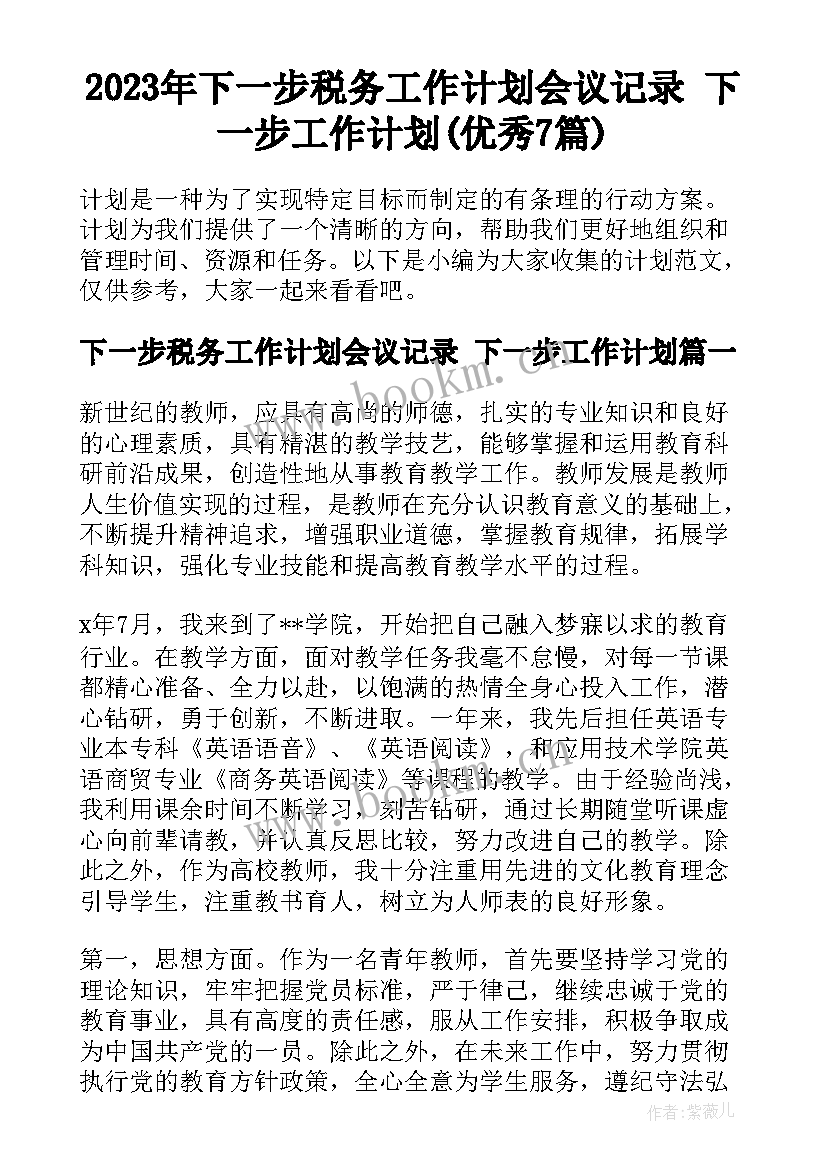 2023年下一步税务工作计划会议记录 下一步工作计划(优秀7篇)