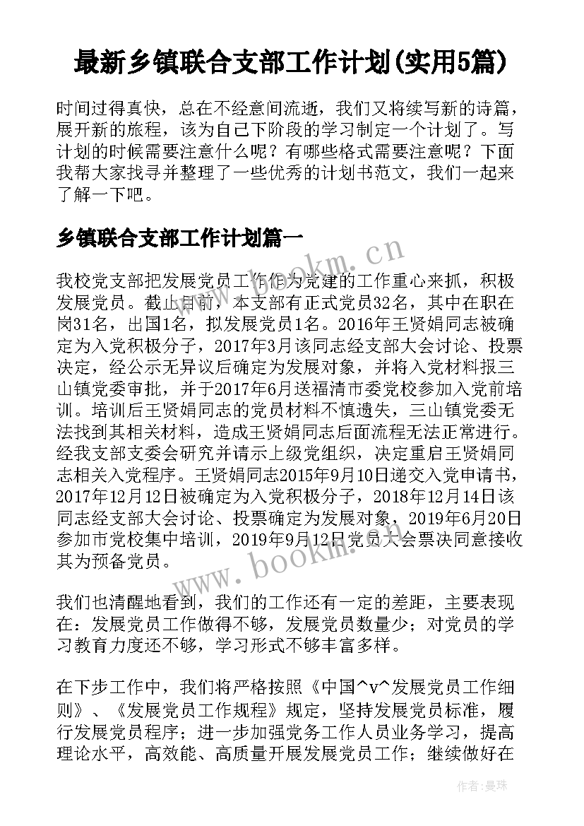 最新乡镇联合支部工作计划(实用5篇)