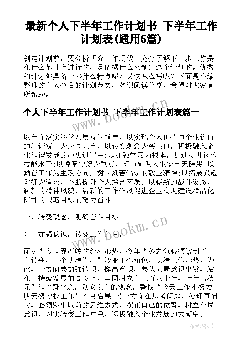 最新个人下半年工作计划书 下半年工作计划表(通用5篇)