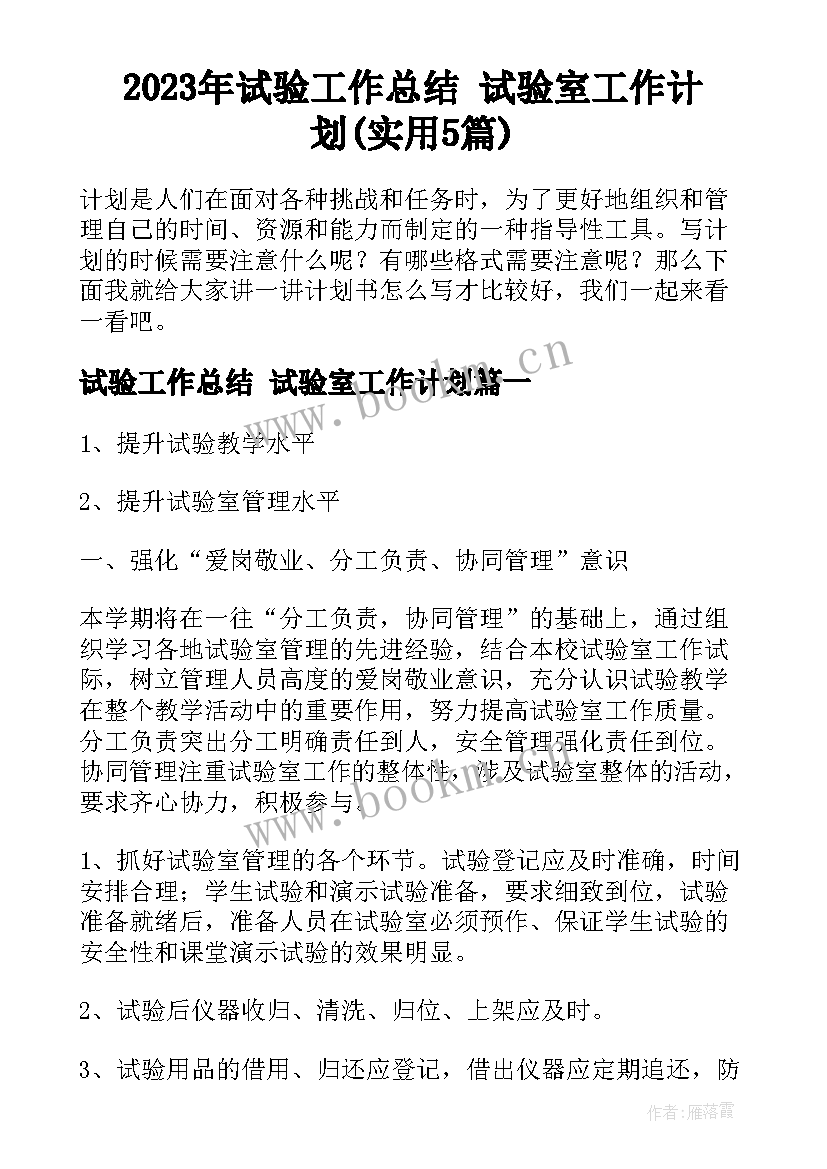 2023年试验工作总结 试验室工作计划(实用5篇)