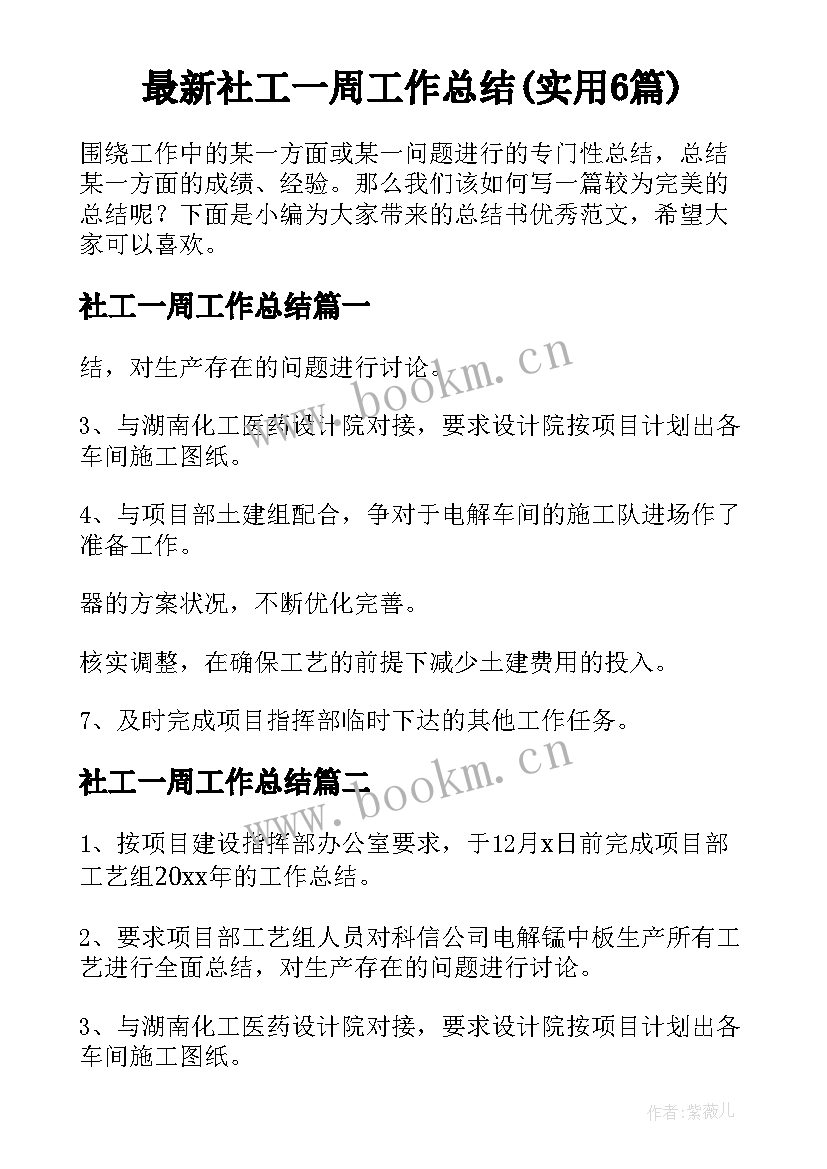 最新社工一周工作总结(实用6篇)