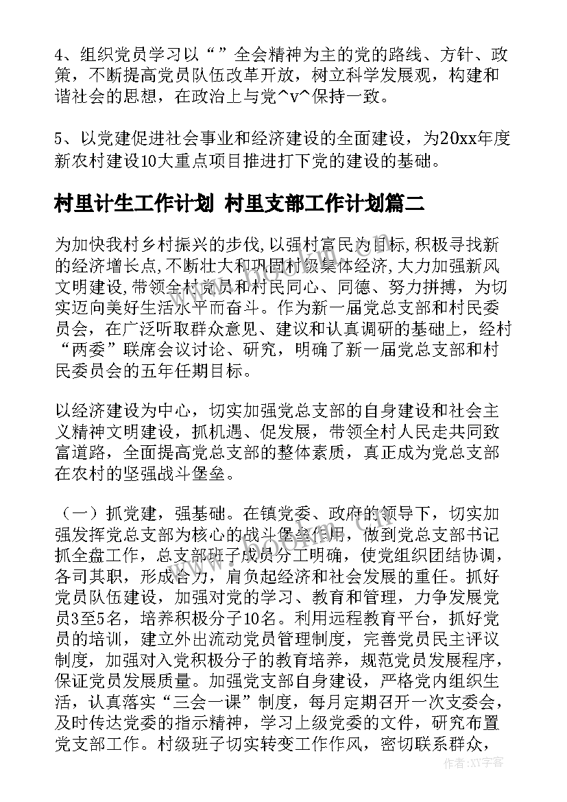 2023年村里计生工作计划 村里支部工作计划(模板5篇)