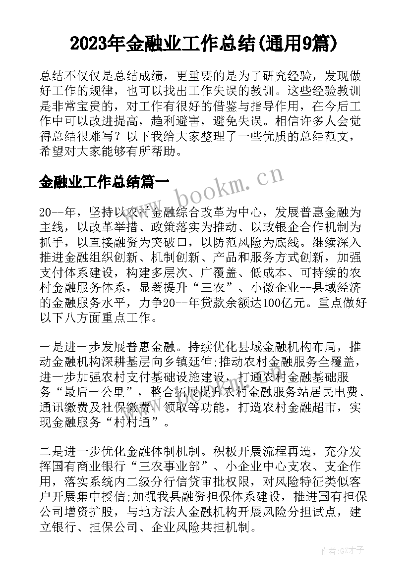 2023年金融业工作总结(通用9篇)