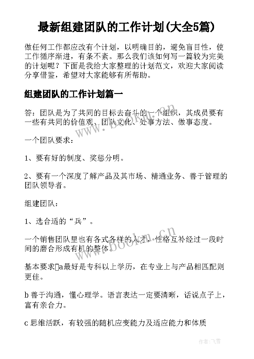 最新组建团队的工作计划(大全5篇)