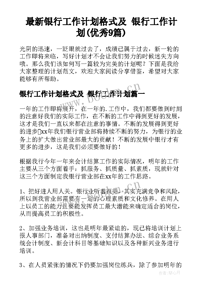 最新银行工作计划格式及 银行工作计划(优秀9篇)