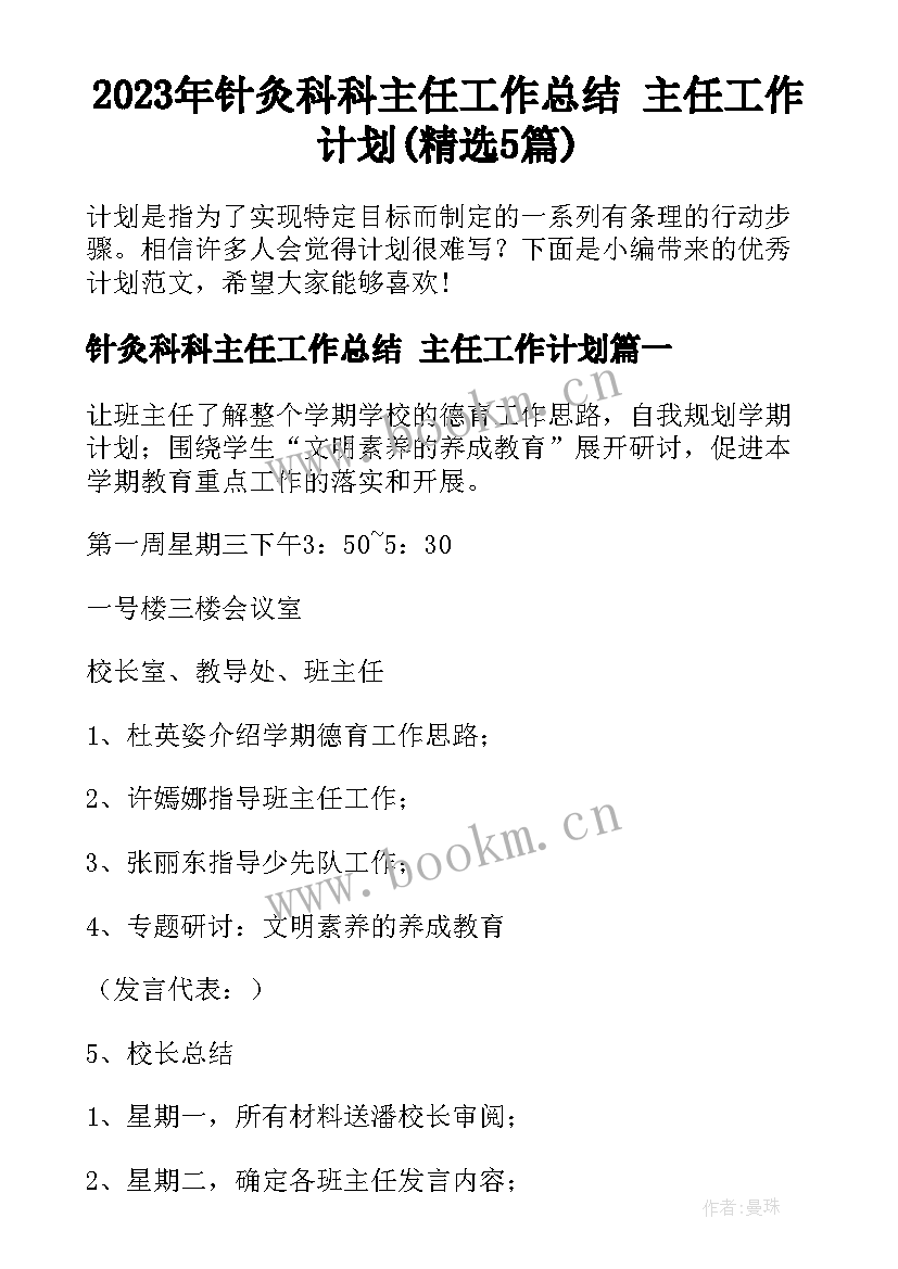 2023年针灸科科主任工作总结 主任工作计划(精选5篇)