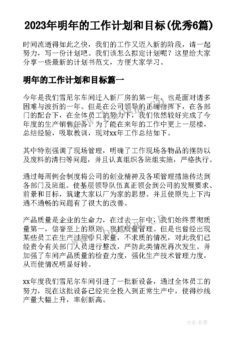 2023年明年的工作计划和目标(优秀6篇)