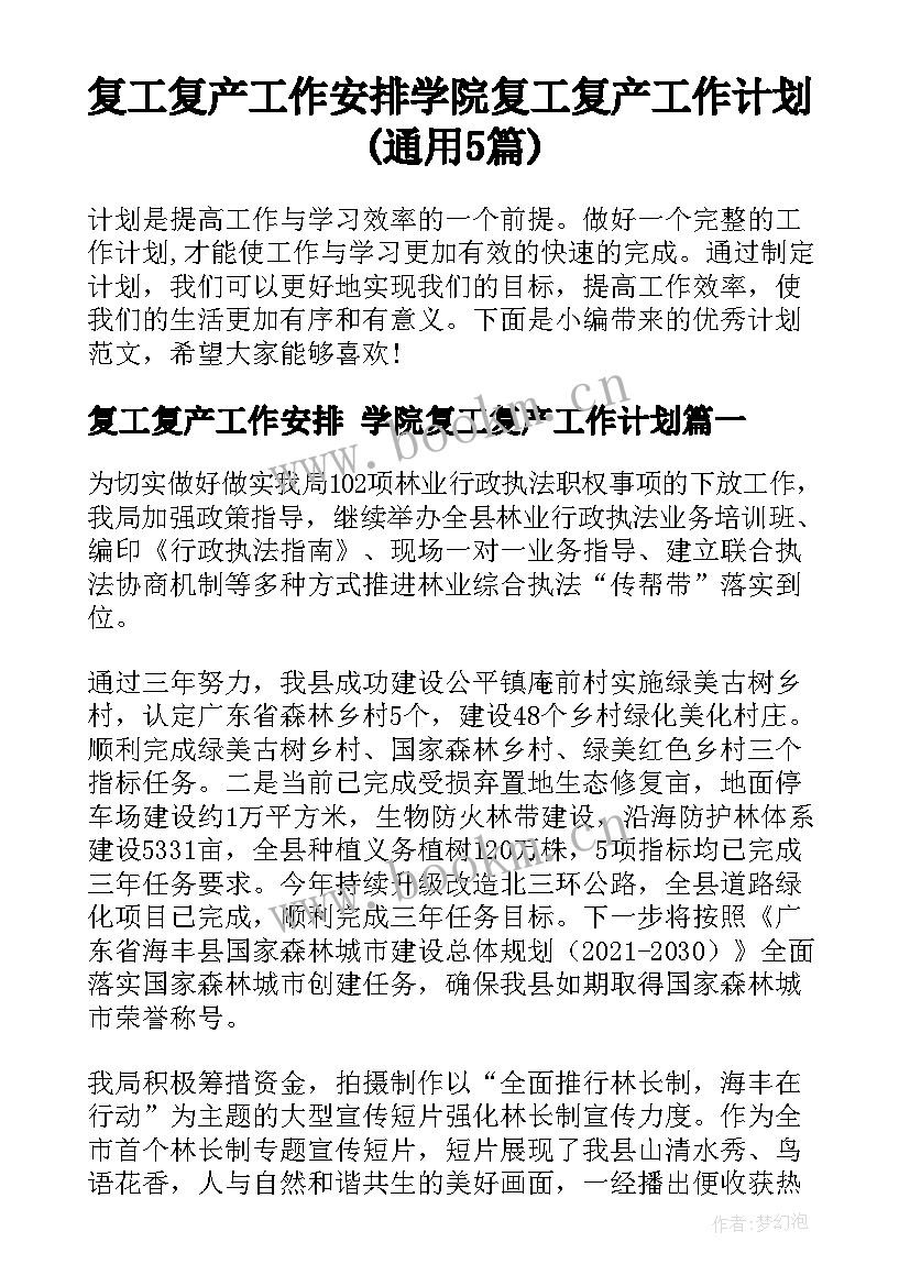 复工复产工作安排 学院复工复产工作计划(通用5篇)