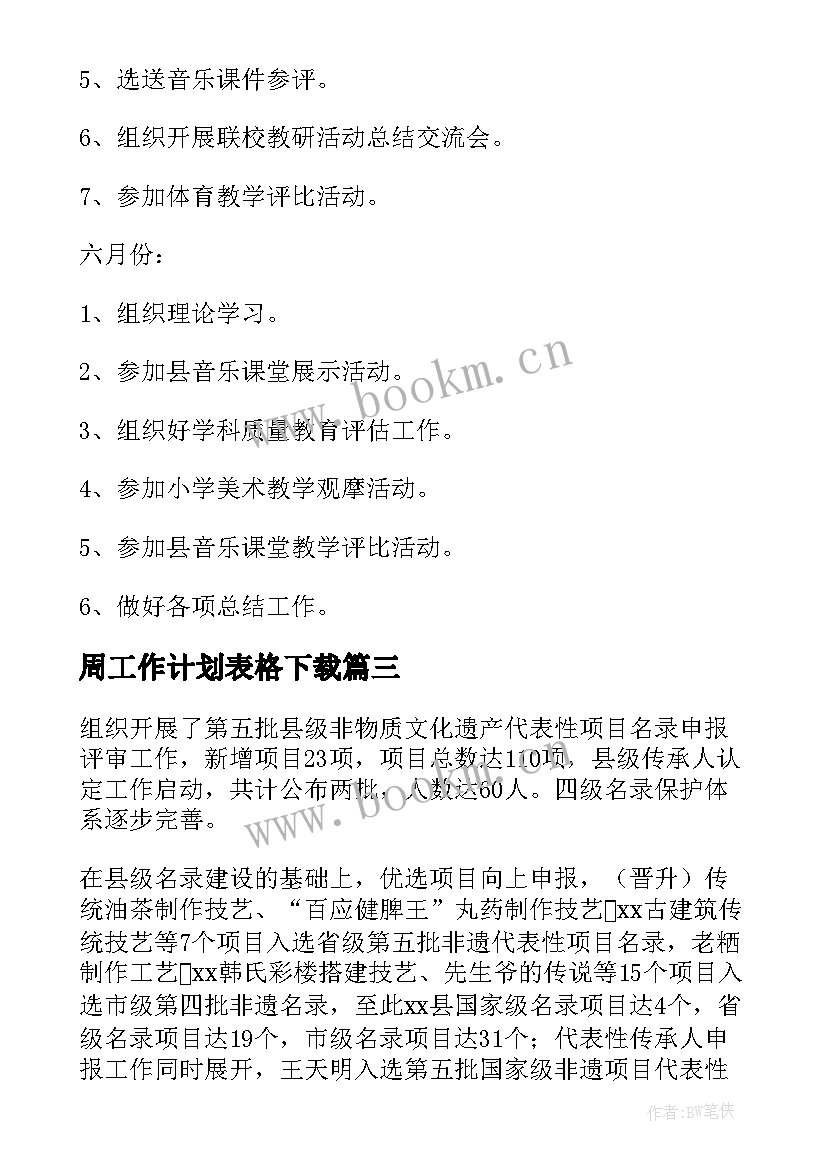 最新周工作计划表格下载(汇总8篇)