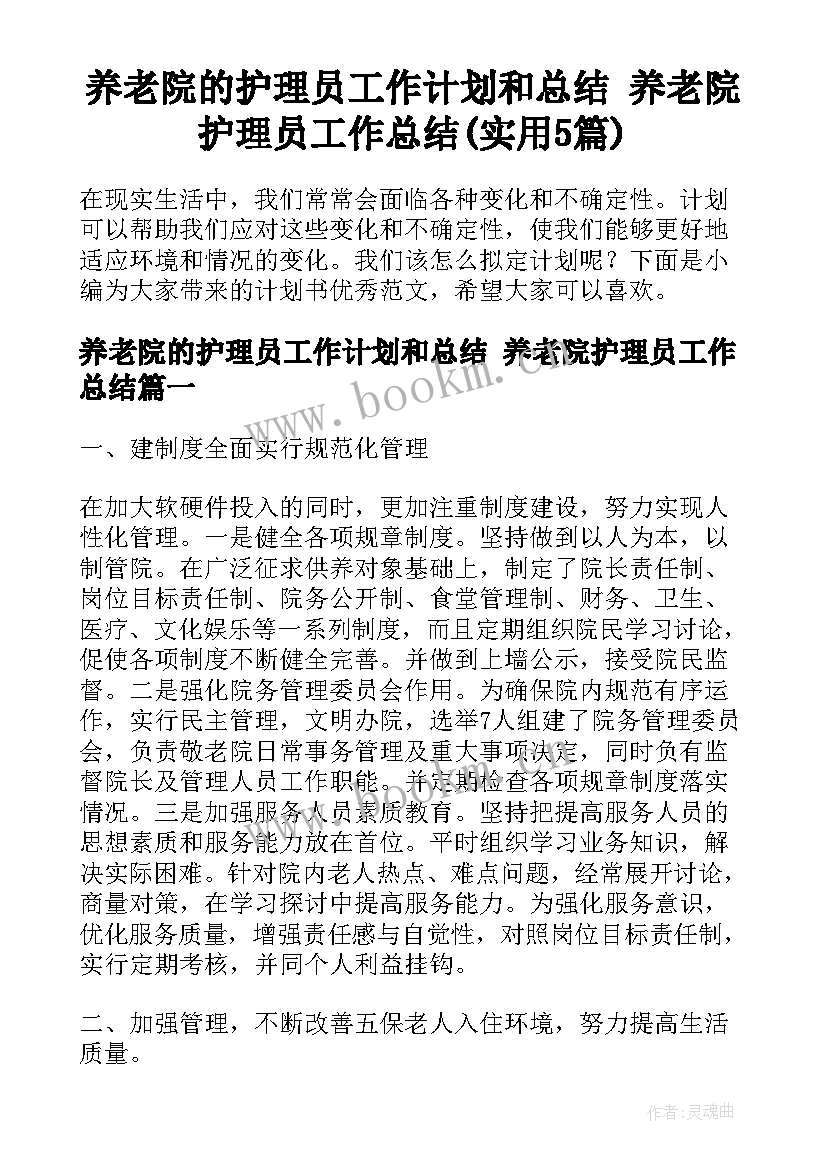 养老院的护理员工作计划和总结 养老院护理员工作总结(实用5篇)