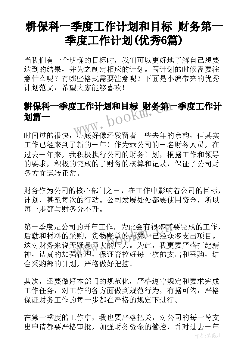 耕保科一季度工作计划和目标 财务第一季度工作计划(优秀6篇)