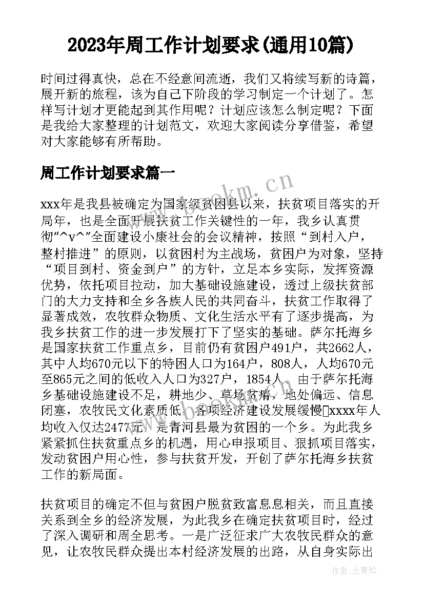 2023年周工作计划要求(通用10篇)