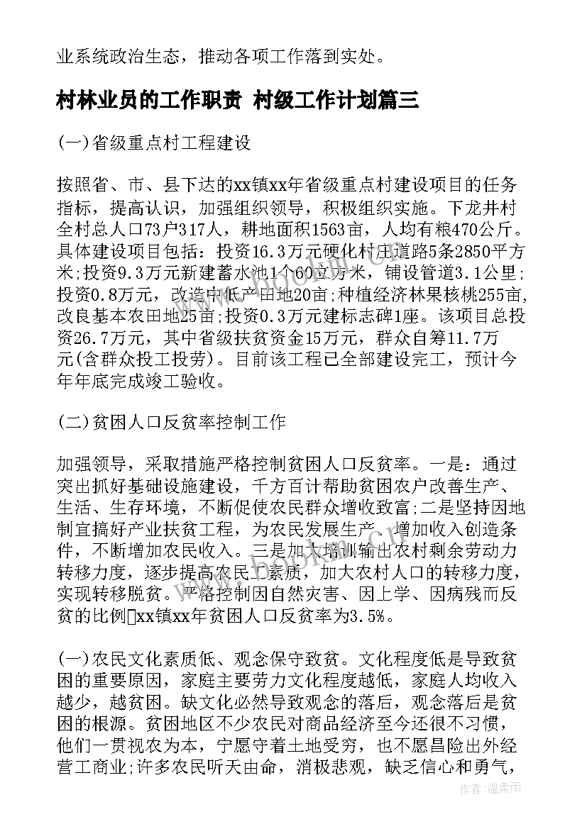 村林业员的工作职责 村级工作计划(实用6篇)