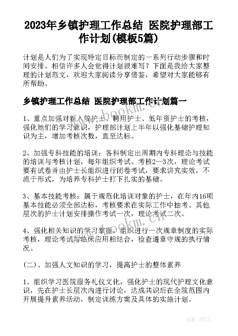 2023年乡镇护理工作总结 医院护理部工作计划(模板5篇)