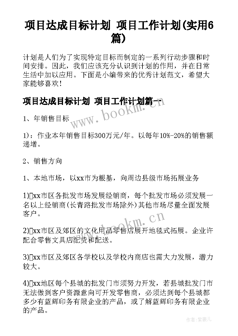 项目达成目标计划 项目工作计划(实用6篇)