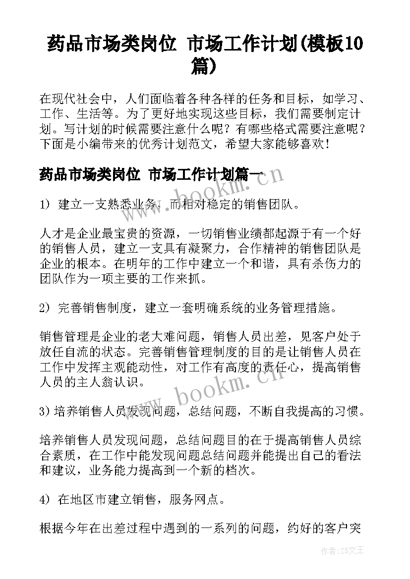 药品市场类岗位 市场工作计划(模板10篇)