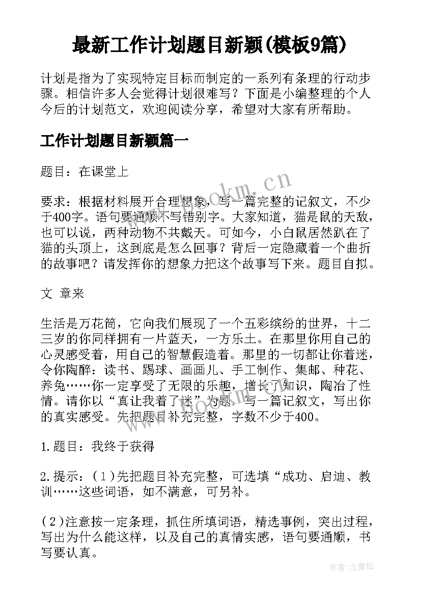 最新工作计划题目新颖(模板9篇)