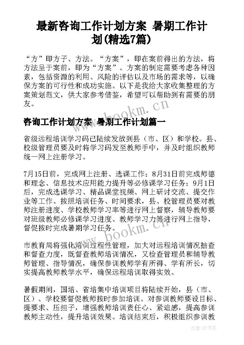 最新咨询工作计划方案 暑期工作计划(精选7篇)