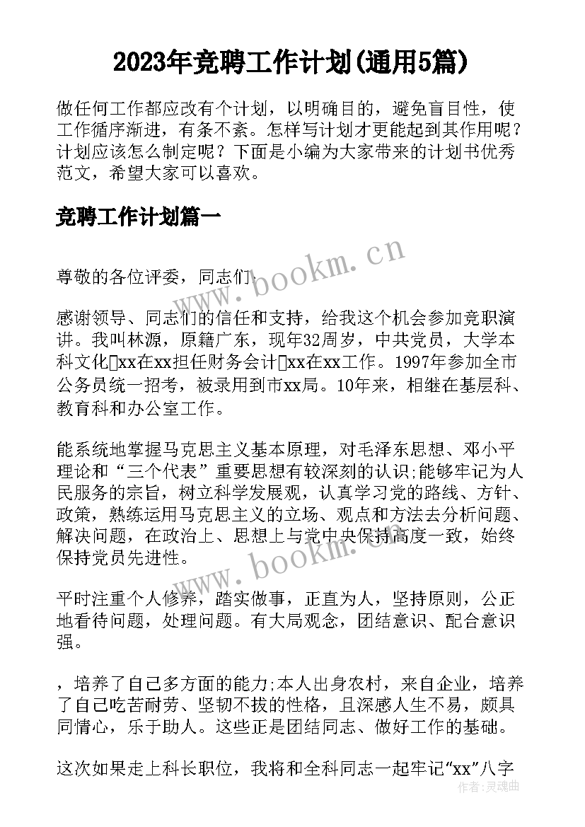 2023年竞聘工作计划(通用5篇)