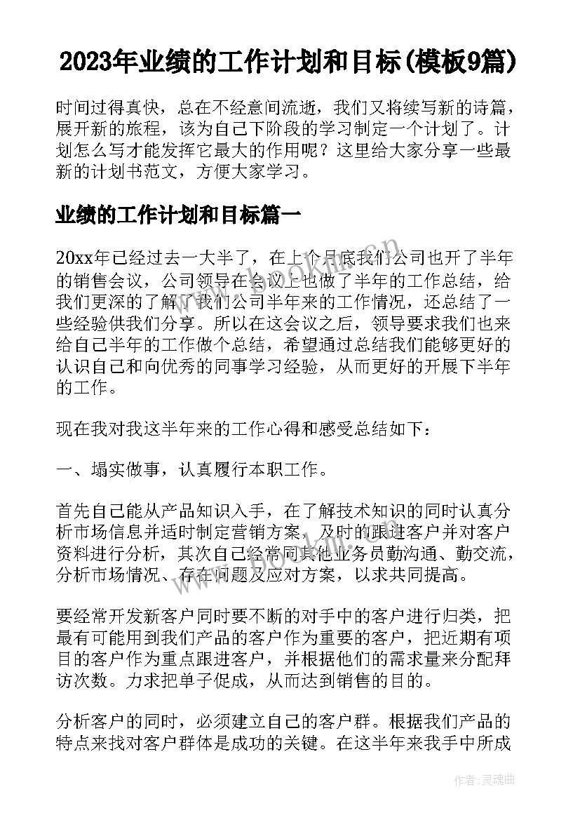 2023年业绩的工作计划和目标(模板9篇)